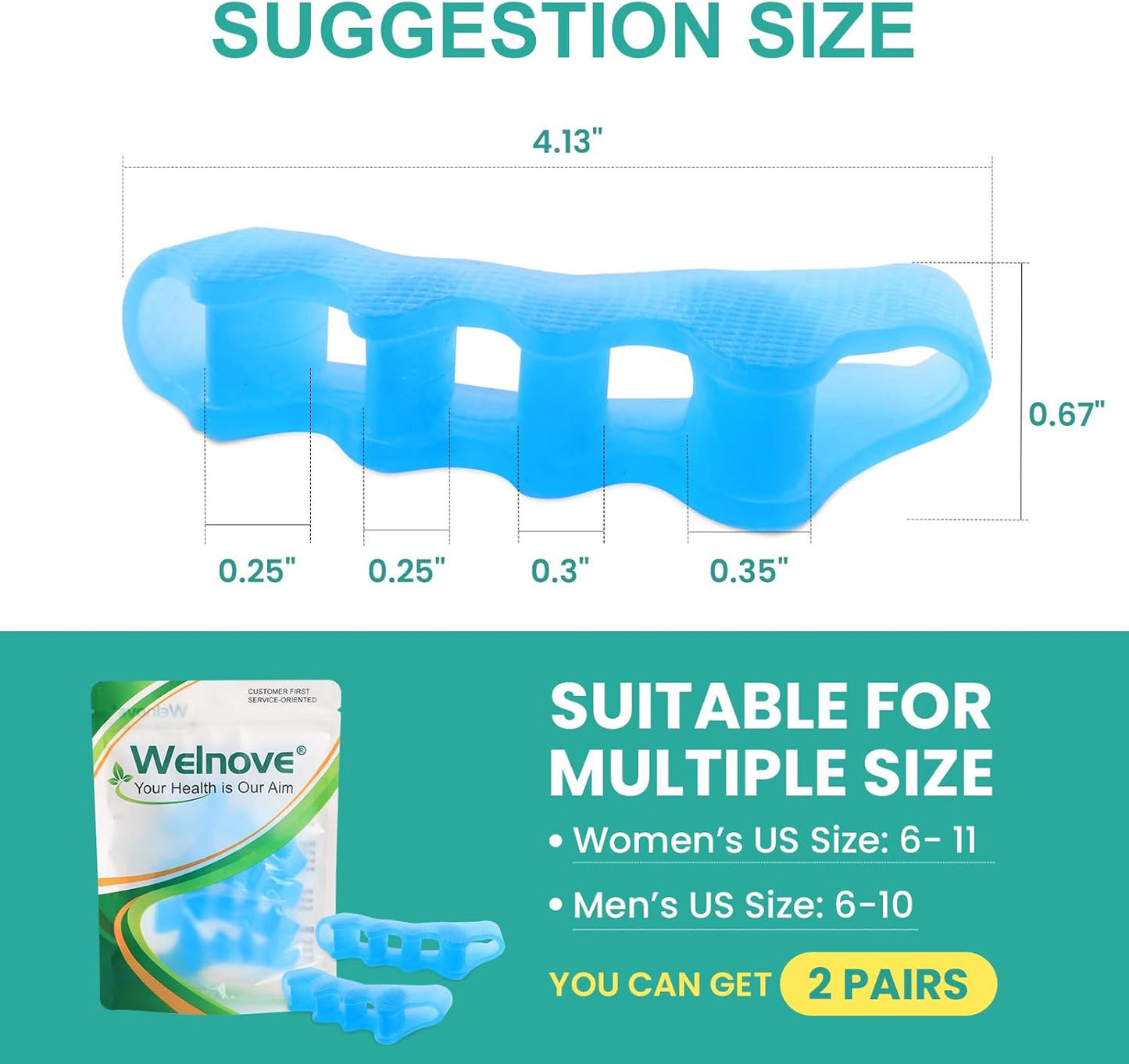 Welnove Toe Separators Spacers for Women - 4 Pack Gel Toe Straightener to Correct Bunions and Relieve Foot Pain - Silicone Toe Spacers for Toe Overlapping Yoga Practice, Non-Slip Design, Blue