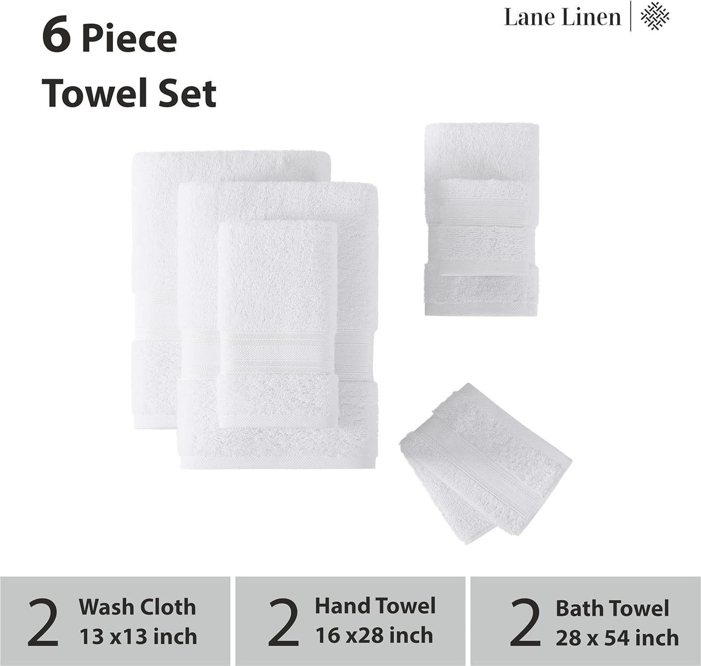LANE LINEN Luxury Bath Towels Set - 6 Piece 100% CottonBathroom Zero Twist Shower Extra Absorbent Towel Super Soft 2 Hand Wash Cloths White