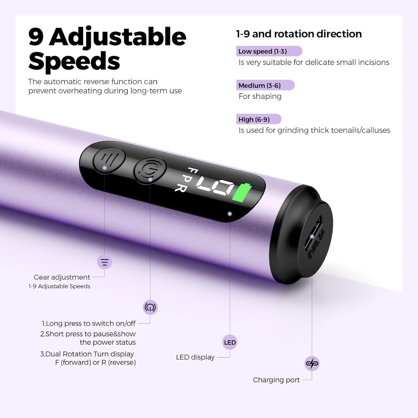 Cordless Electric Nail Drill File Kit Professional Portable Electric Nail File Set Machine for Acrylic Gel Nails,Toenail Hand Feet Care,9 Speed with LED Display Ideal Gift for Men and Women-Purple