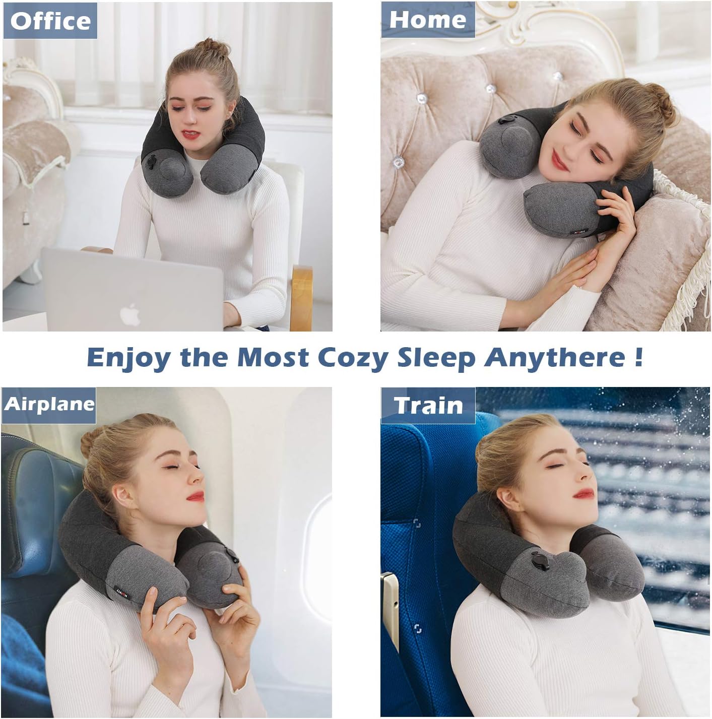 Inflatable Travel Neck Pillow, Best Airplane Neck Pillow for Long Flight Sleeping,Soft 100% Cotton Travel Pillow for Plane Head Rest, Portable Traveling Essentials