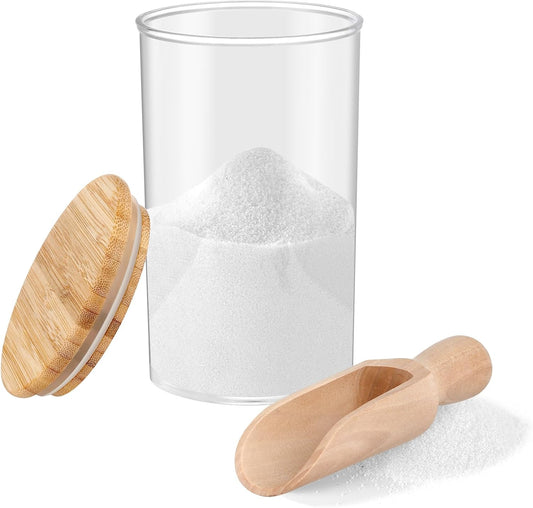 42oz Acrylic Bath Salt Jar with Wooden Scoop Flour Containers with Lids Airtight Epsome Salt Bath for Bathroom Kitchen（Hold 42 Ounces of Bath Salt）
