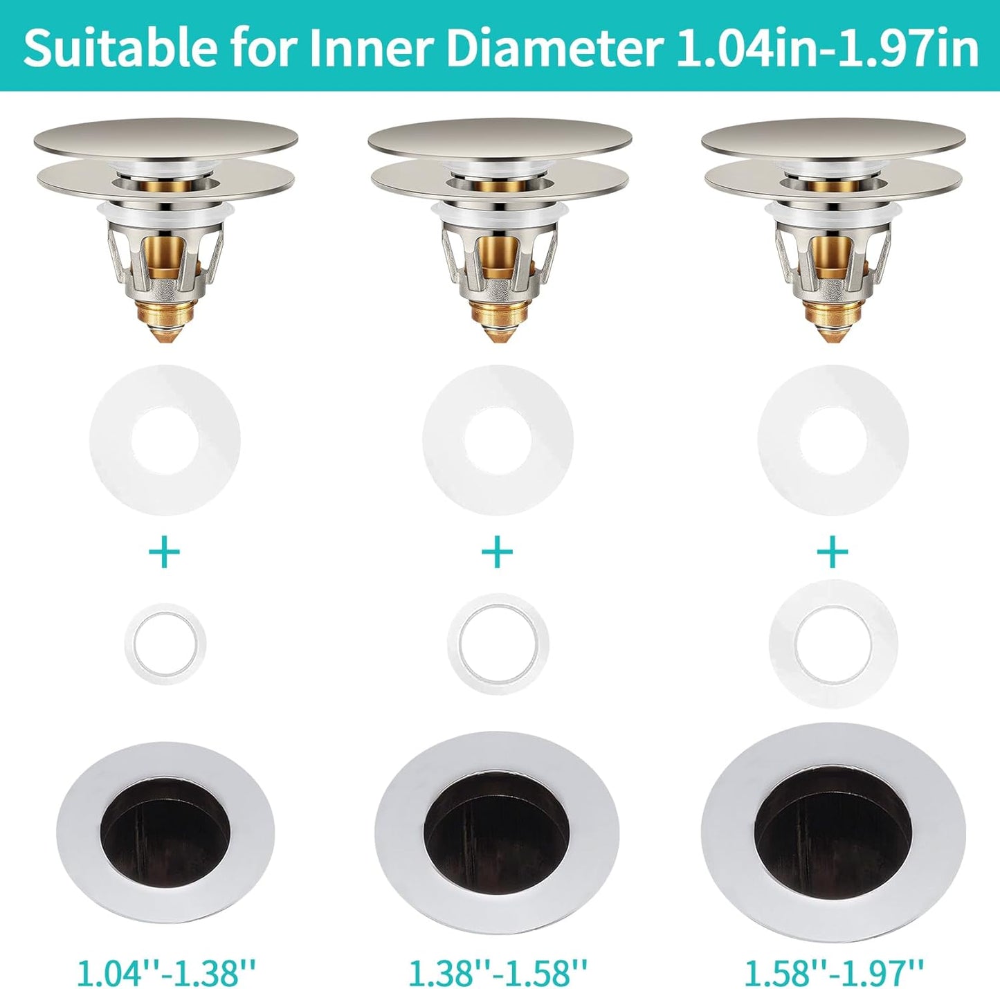 Universal Bathroom Sink Stopper with Hair Catcher, for 1.04-1.97 Inch Drain Hole, Spring Core Bathtub Drain Cover, Pop Up Sink Plug Basin Drain Strainer, Large Lid Brushed Nickel