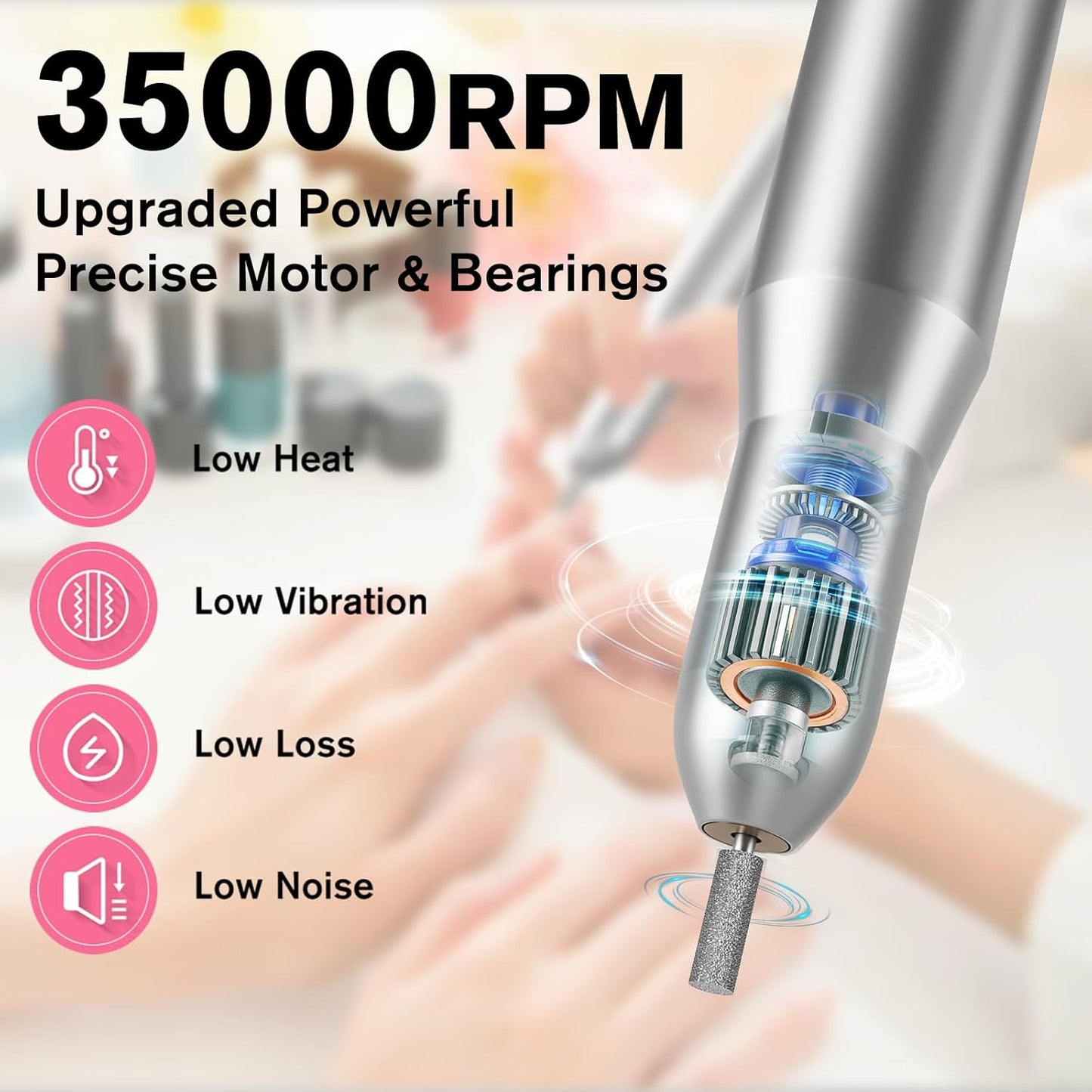 Electric Nail Drill, 35000RPM Nail Drill, Professional Rechargeable Nail File for Acrylic Nails Gel Polishing Removing,Efile Nail Kit for Manicure Salon Home