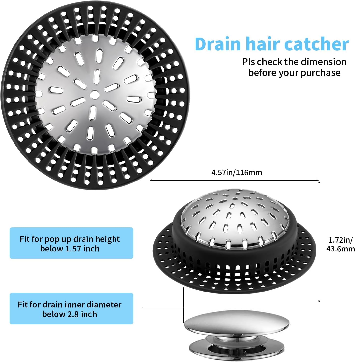 Shower Drain Hair Catcher, Shower Drain Cover, Bathtub Drain Hair Catcher for Pop-Up & Regular Drains