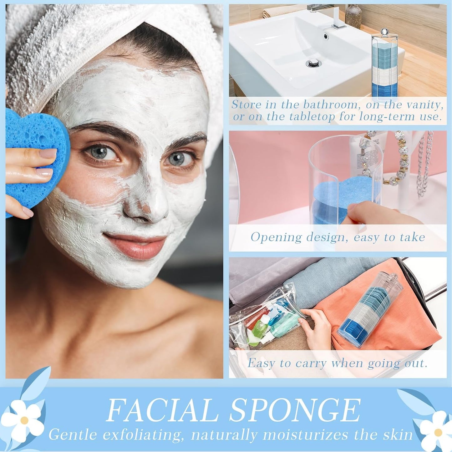 Sieral 120 Pcs Compressed Facial Sponges with Container Disposable Face Sponge Pads for Washing Face Cleansing Exfoliating Esthetician Makeup Removal(Heart,Blue, Light Blue, White)