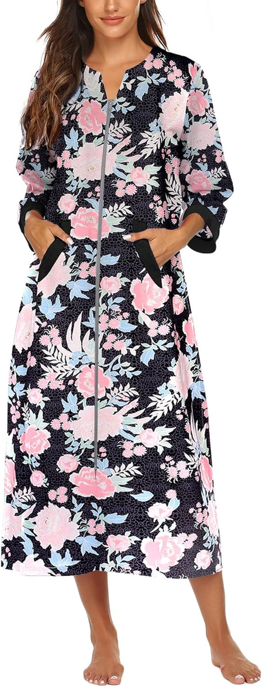 Ekouaer Women Zipper Robe 3/4 Sleeves Loungewear Dress Full Length Sleepwear Pockets Housecoat Nightgown Long Bathrobe