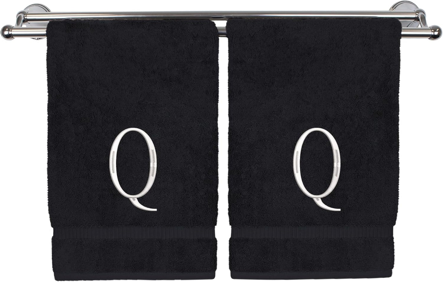 Monogrammed Hand Towel, Personalized Initial Gift, Extra Absorbent 100% Turkish Cotton - Soft Terry Finish - Set of 2 - White Block Initial Q - Embroidered on Black Towels