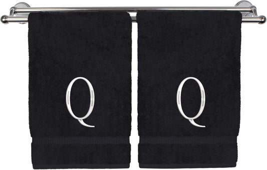 Monogrammed Hand Towel, Personalized Initial Gift, Extra Absorbent 100% Turkish Cotton - Soft Terry Finish - Set of 2 - White Block Initial Q - Embroidered on Black Towels