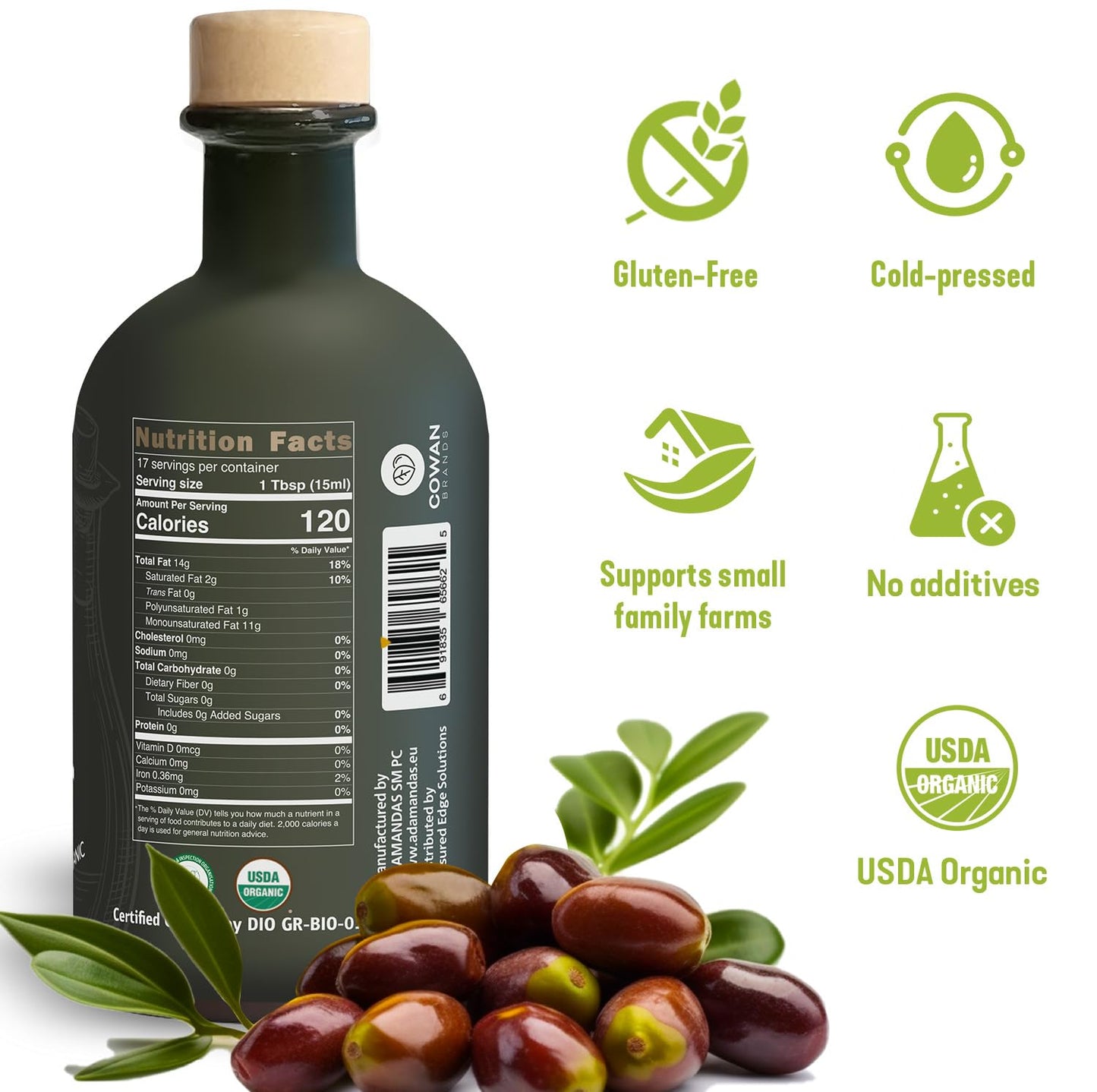 Dr. Cowan’s Garden 1000+ Polyphenol Greek Extra Virgin Olive Oil - Single Estate Extra Virgin Olive Oil with Highest Polyphenols Sourced from Koroneiki Trees, Phase 2 Organic, Cold-Pressed, 8.45 FL Oz