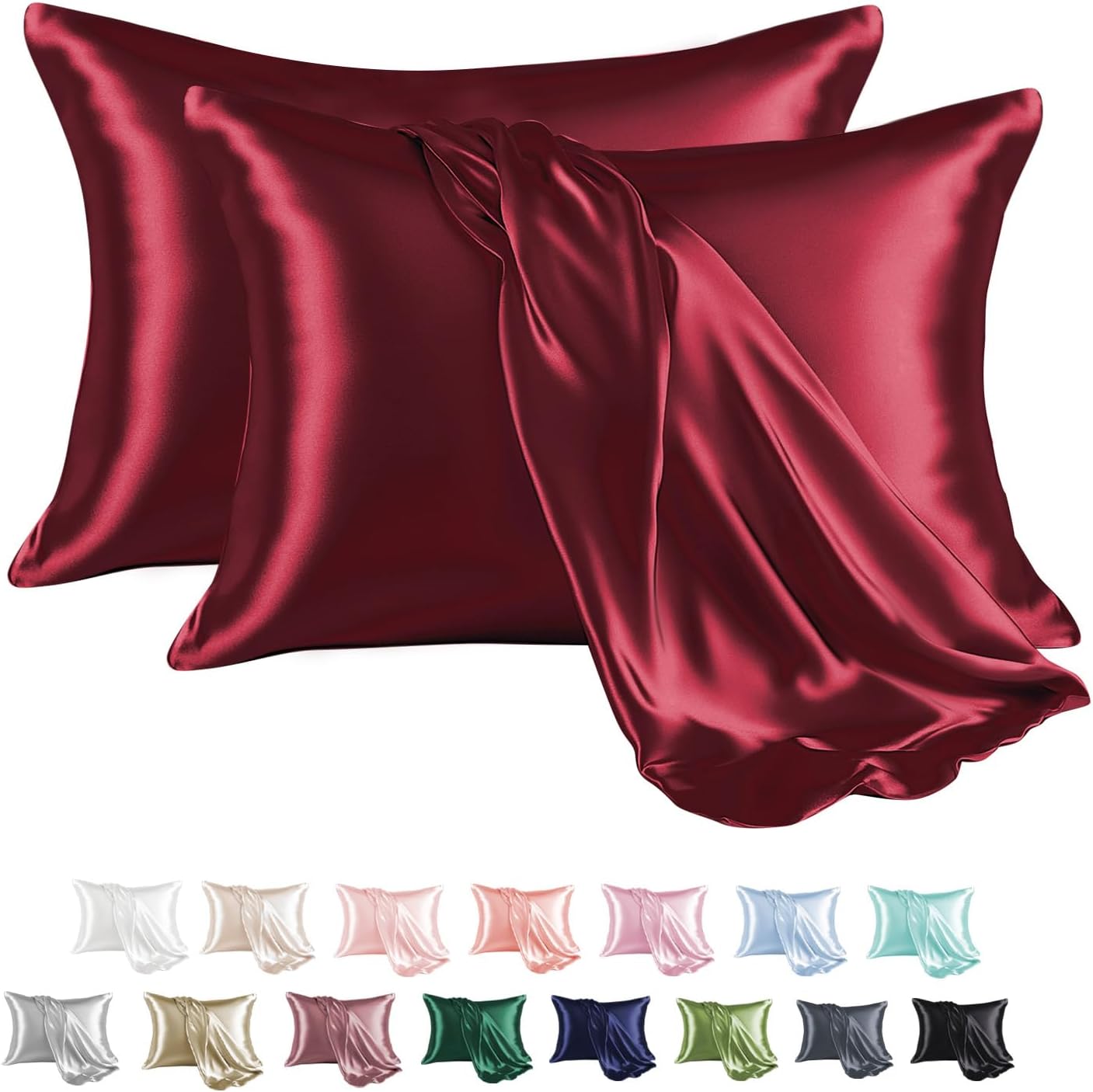 MR&HM Satin Pillowcase for Hair and Skin, Silk Satin Pillowcase 2 Pack, King Size Pillow Cases Set of 2, Silky Pillow Cover with Envelope Closure (20x40, Burgundy)