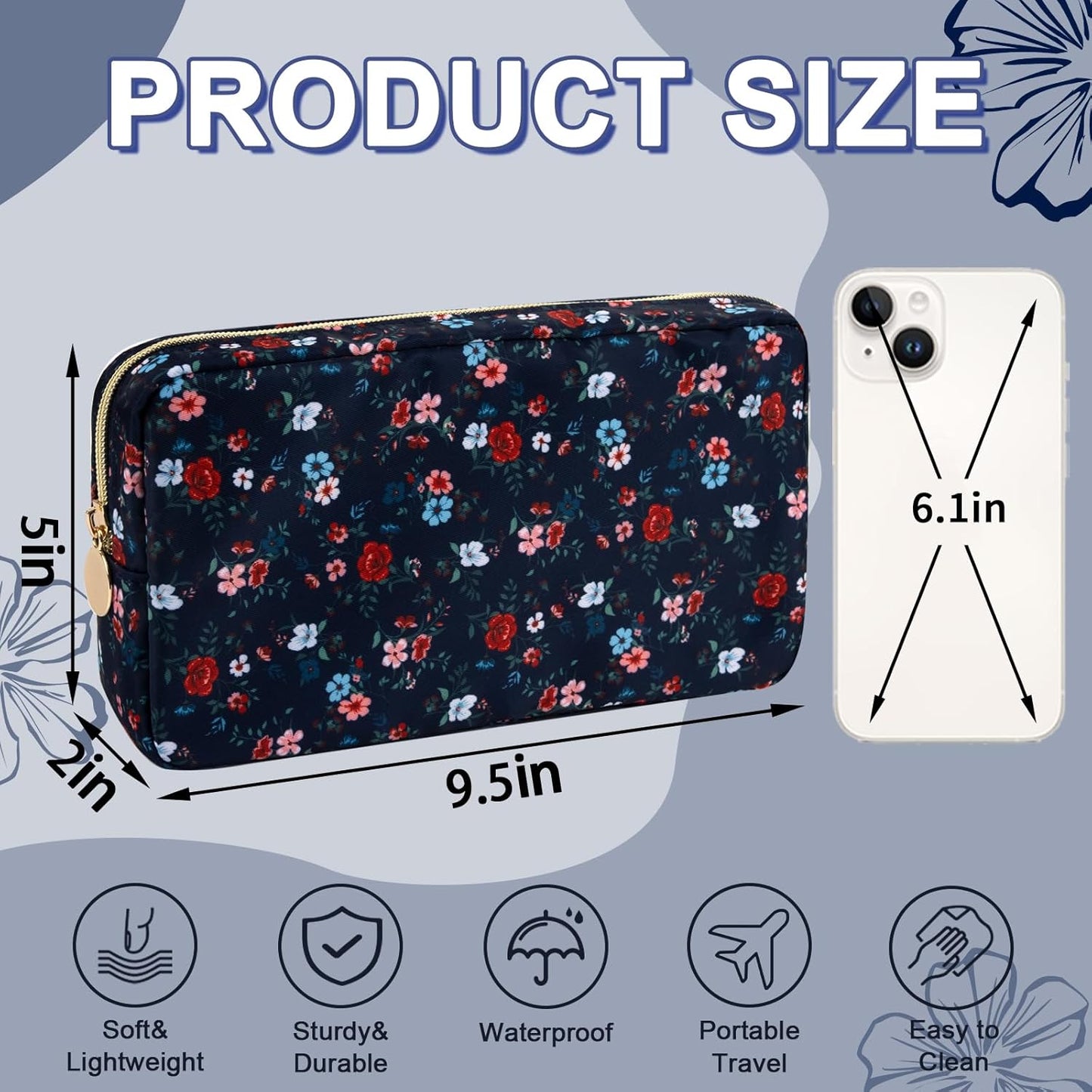 Waterproof Small Floral Makeup Bag Pouch for Purse,Nylon Flower Cosmetic Bag Preppy Travel Toiletry Storage Bag for Women Girl,Cute Makeup Organizer Bag Skincare Bag with Zipper(Small Black-Flowers)