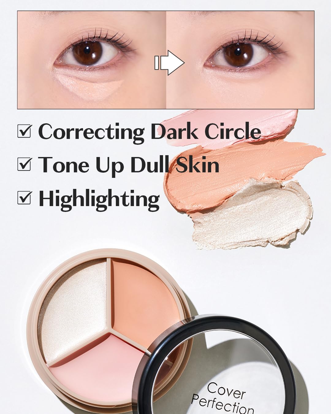 THESAEM Cover Perfection Triple Pot Concealer 05 Dark Up Beige - for Fair to Light Skin Tone - Dark Circle Corrector, Brightener, Shimmer Highlighter - Radiant Glow Skin for Flawless Finish