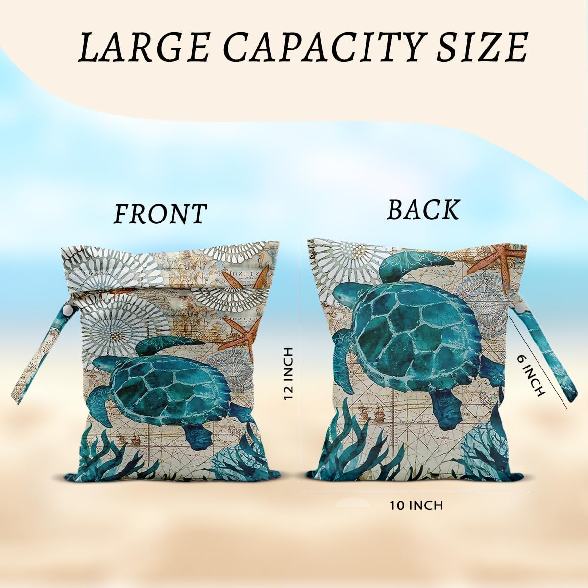 2Pcs Turtle Wet Bags 12x10 Inch, Shells Starfish Waterproof Wet Dry Bags, Sea Weed Washable Travel Laundry Bag for Swimsuit Beach Diapers Dirty Yoga Gym Clothes, Sea Turtle Gifts for Women Friend