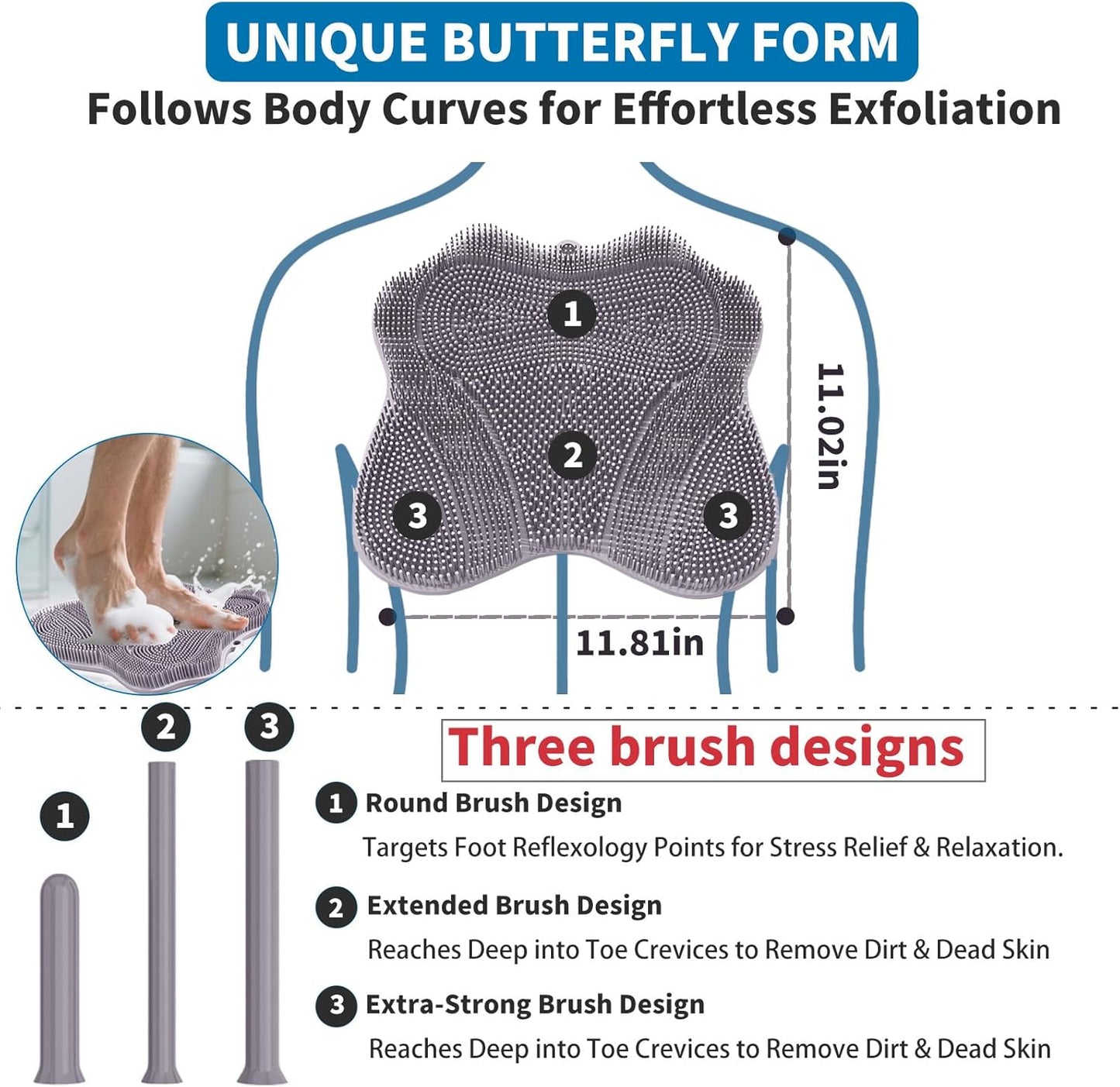 Show Foot Scrubber Mat & Silicone Back Scrubber with Butterfly Form Design,3 Brush Designs for Deep Cleaning Shower Foot Scrubber Mat, Wall Mounted Back Scrubber Silicone Bath(Grey)