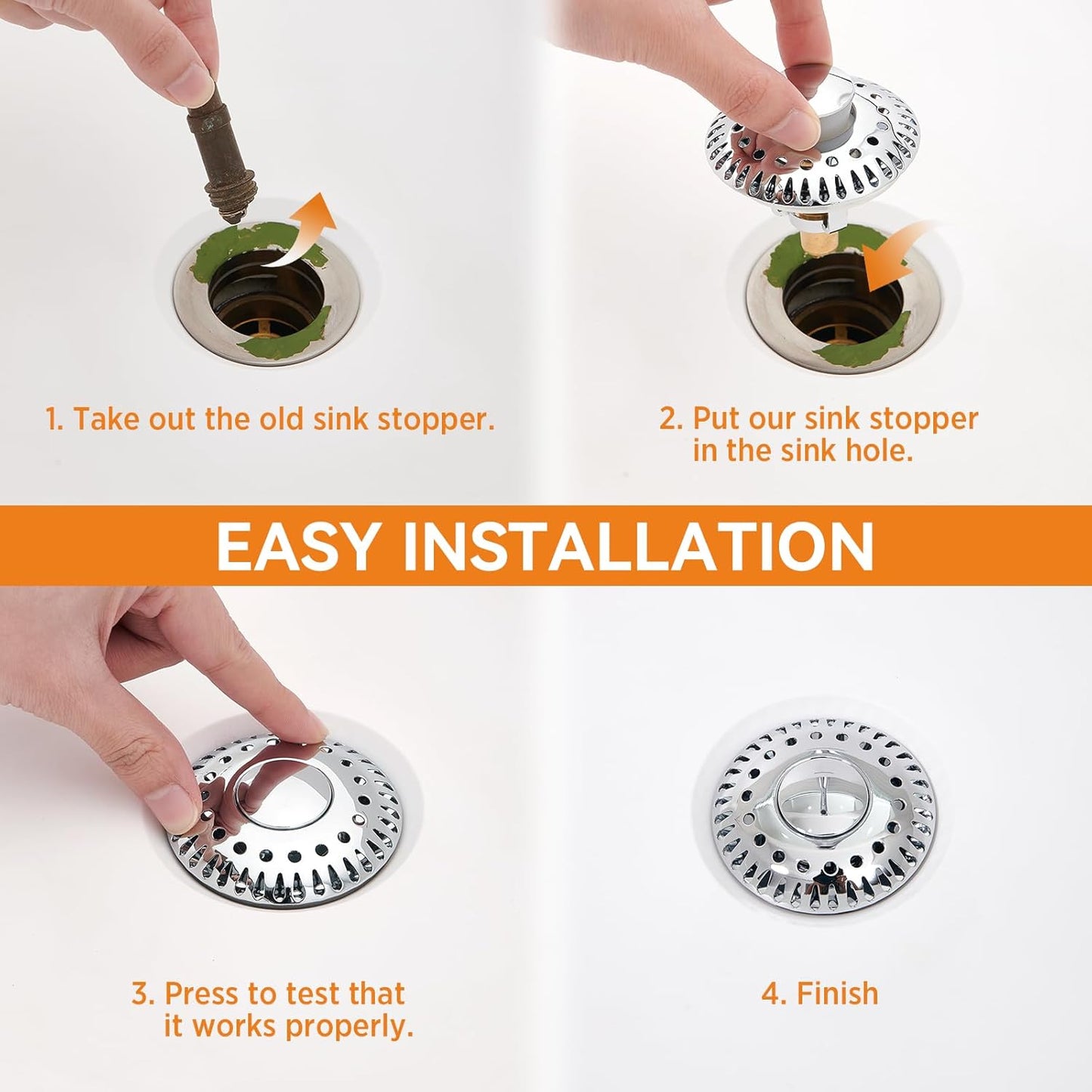 Bathroom Sink Stopper for 1.06"-1.65" Drain Holes, 2 in 1 Bath Sink Drain Strainer Stopper, Pop Up Drain Cover Plug with Hair Catcher, Stainless Steel (Chrome Silver-2p)