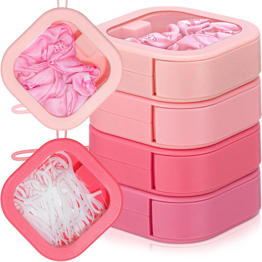 Kathfly 4 Pcs Pink Color Hair Tie Organizer Portable Hair Accessory Storage Containers Stackable Tie Bobby Pin Holder Home Cotton Swab Dispenser Accessories Jewelry Organizer Box