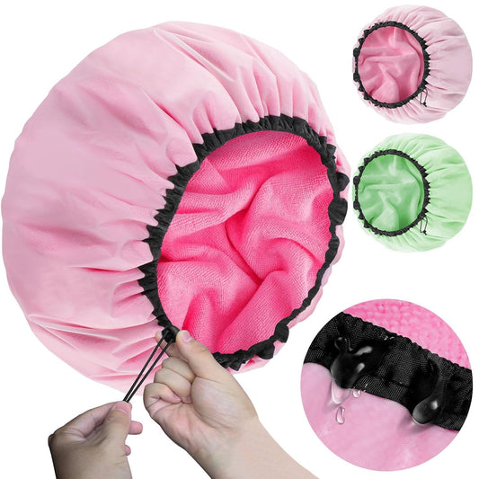 2 Pcs 15" XL Extra Large Terry Lined Shower Cap, Adjustable Dual Waterproof Shower Cap for Women Reusable Soft Hair Cap Bath Cap for Long Braids, Thick Hair, Locs, Curly Hair