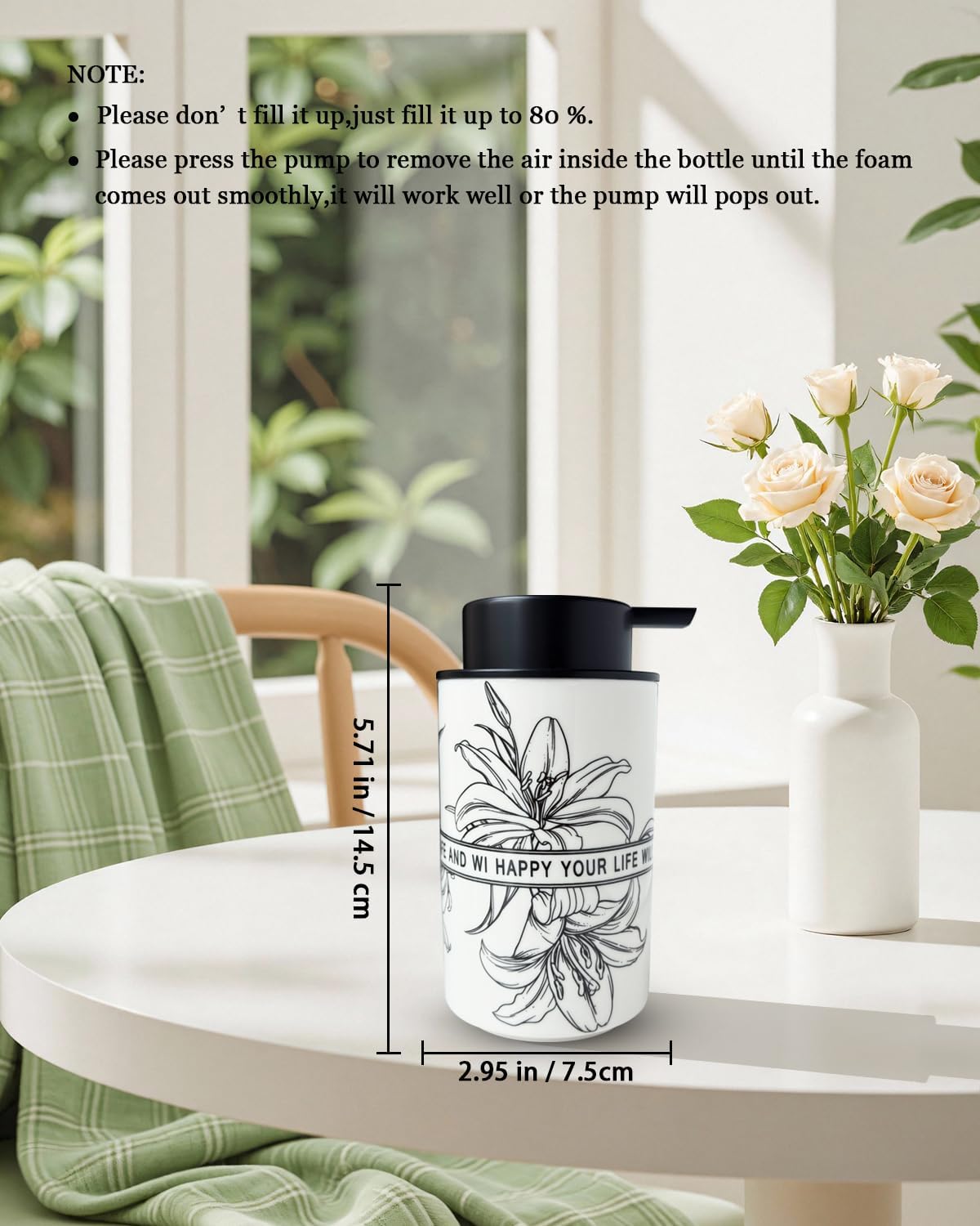 Ceramic White Liquid Soap Dispenser for Bathroom & Kitchen,Lily Pattern Hand Sanitizer Bottle,Chic Home Deco (Liquid)