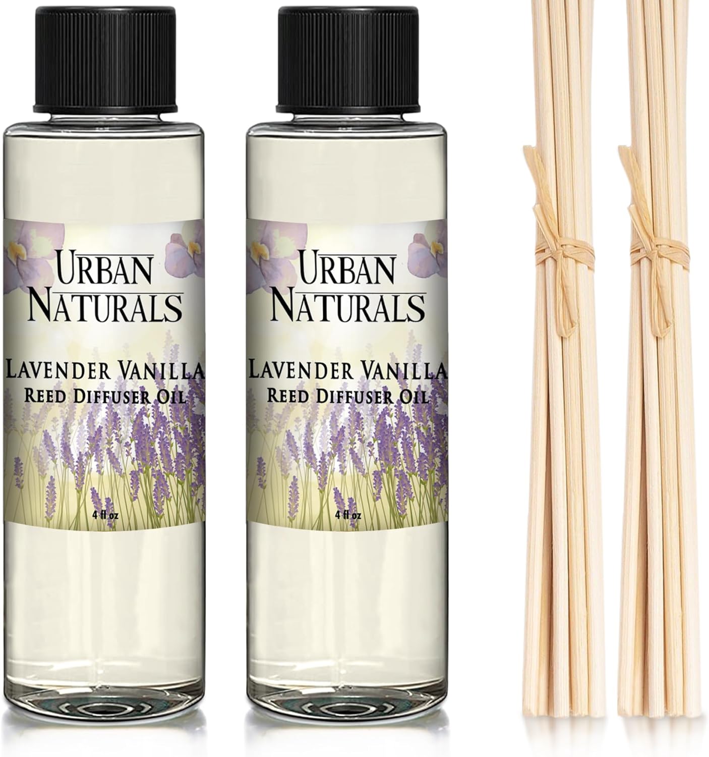 Urban Naturals Lavender Vanilla Scented Oil Reed Diffuser Refill and Reed Sticks – Lavender Blossom, Creamy Vanilla, White Woods and Sugared Musk, 4 oz (2 Pack)