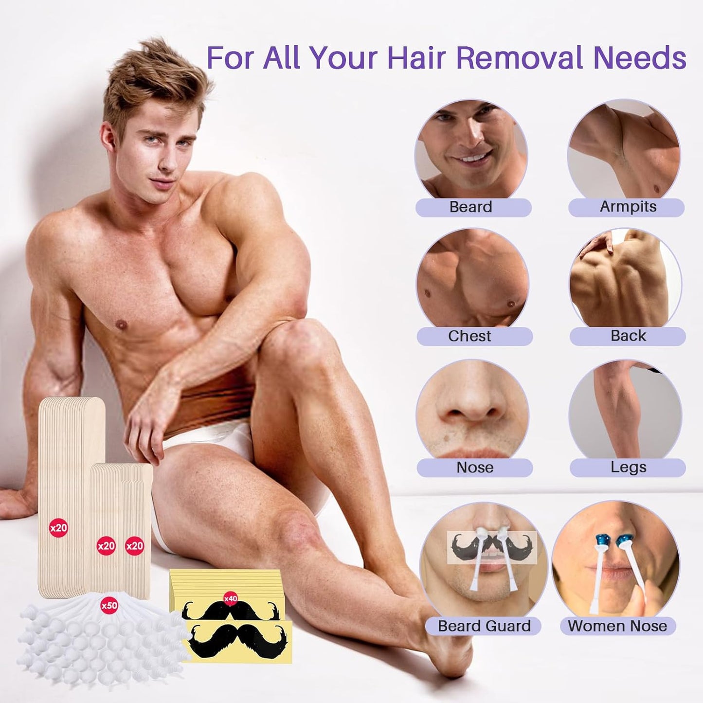 BLITZWAX Nose Wax Sticks for Hard Wax Hair Removal 110pcs Waxing Sticks Kit for Beard, Armpits, Chest, Back and Legs Applicators for Men's At-Home Waxing, Includes 40pcs Mustache Guards