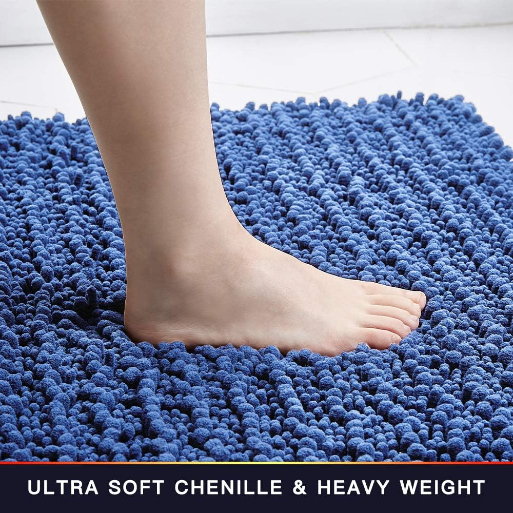 Walensee Bathroom Rug Non Slip Bath Mat (44x24 Inch Dark Blue) Water Absorbent Super Soft Shaggy Chenille Machine Washable Dry Extra Thick Perfect Absorbant Best Large Plush Carpet for Shower Floor