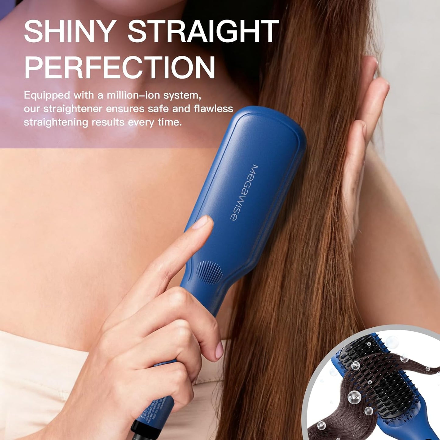 MEGAWISE Pro Ceramic Ionic Hair Straightener Brush for Home Salon, Straightening Hair Brush with 20s Heating Tech, Auto-Off, Anti-Scald with Universal Dual Voltage,Rotatable Power Cord, Gentian Blue