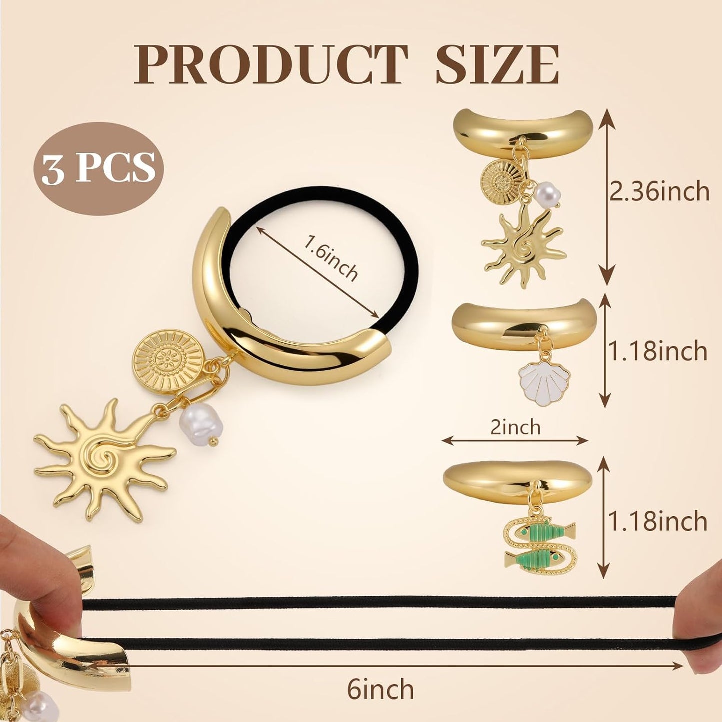 3PCS Gold Hair Ties, Metal Hair Ties for Thick Hair, Elegant Durable Geometric Design, Gold Hair Accessories with Charm Stretchy and Non-Damage Ponytail Cuff Holders, 3 Styles in Box Holiday Gifts