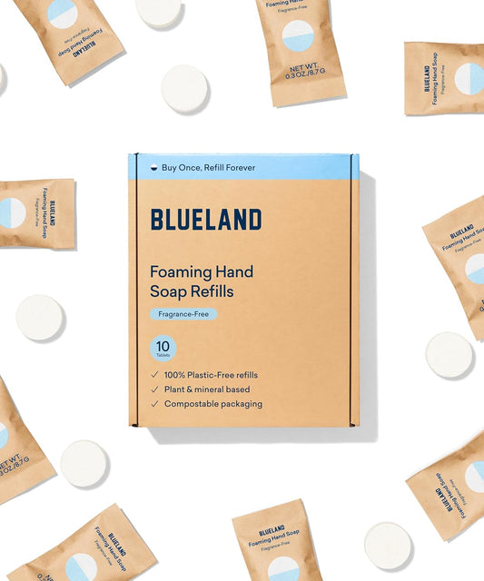 BLUELAND Foaming Hand Soap Refill Tablets, 10-Pack, Fragrance Free, Eco Friendly Cleaning Products, 10 x 9 Fl oz