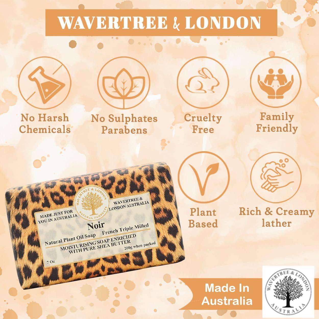 Wavertree & London Noir Scented Natural Soap Bar, 7oz Moisturizing French Triple Milled Soap Bar for Women & Men