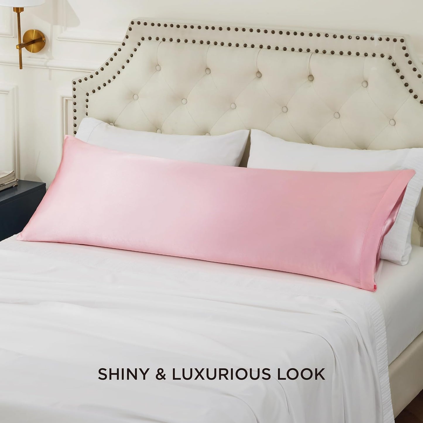 Bedsure Body Pillow Cover 20x54 Inches - Pink Satin Similar to Silk Pillowcase for Hair and Skin, Cooling and Silky Long Body Pillow Pillowcase with Envelope Closure, Gifts for Women Men