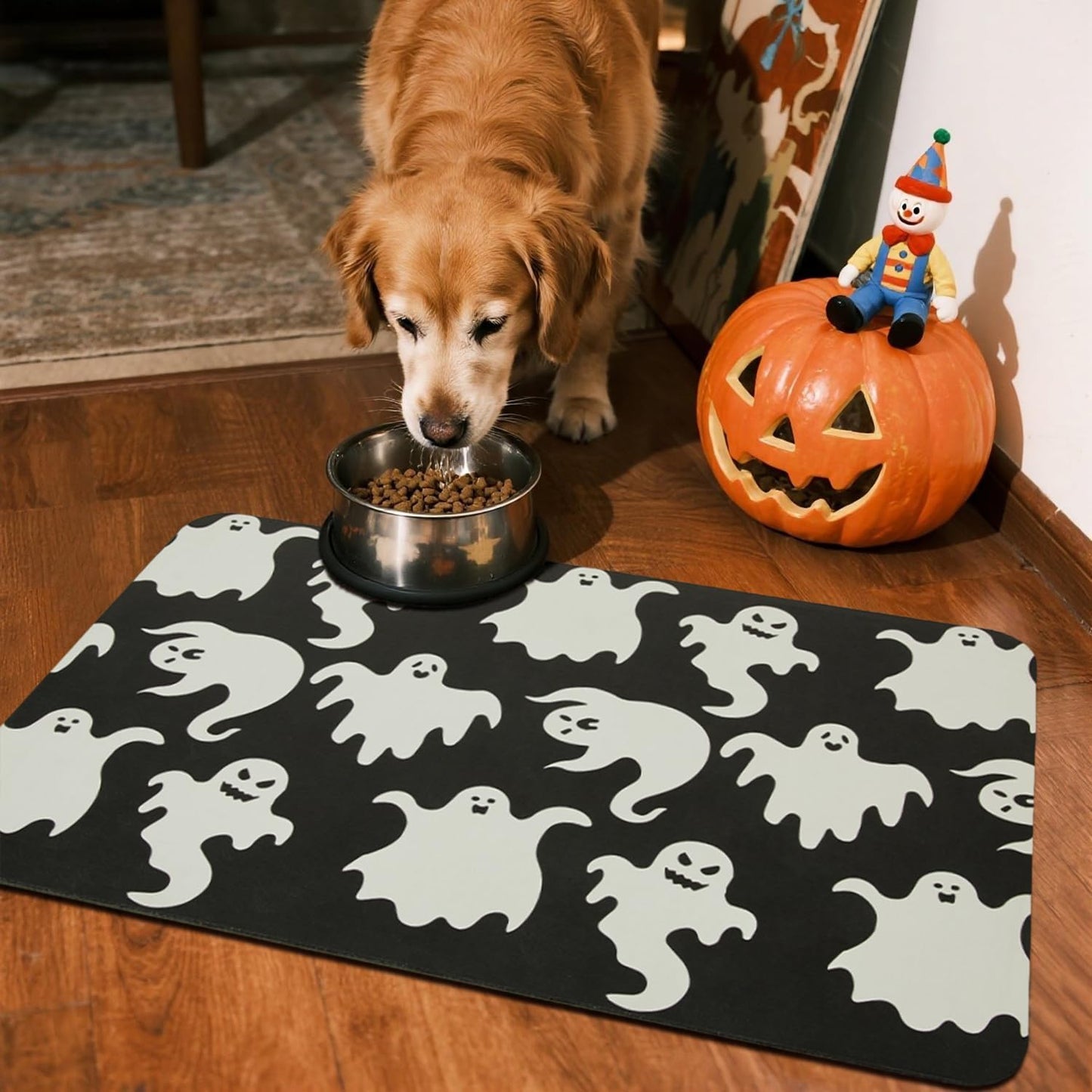 Halloween Bath Mat, Thin Halloween Bathroom Rug Non Slip Quick Dry Ghost Bath Mat Fits Under Door Thin Floor Mat Halloween Decor, 24''x36'', Spooky Ghosts Black