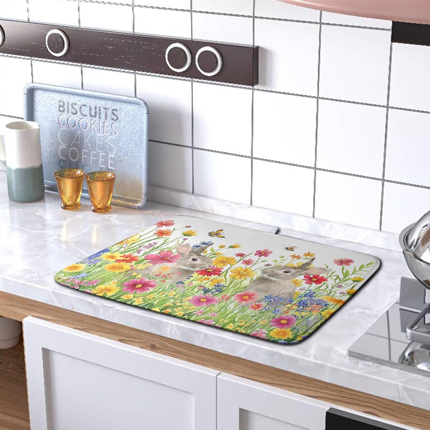 Easter Dish Drying Mat for Kitchen Counter Easter Bunny Flowers Dish Drying Pad Spring Rabbit Floral Dishes Drainer Mats Absorbent Microfiber Kitchen Countertop Protector Drying Mats 18x24 in