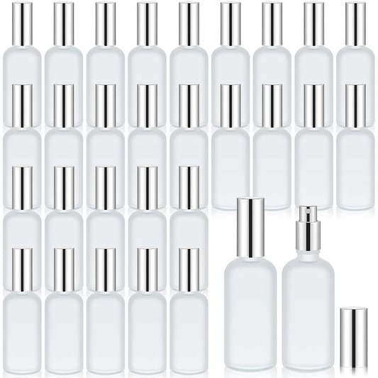 Roshtia 30 Pcs 3.4 oz/ 100 ml Silver Glass Spray Bottle Refillable Perfume Atomizer Clear Decorative Empty Bottles with Fine Mist Sprayer Pump for Face Body Travel