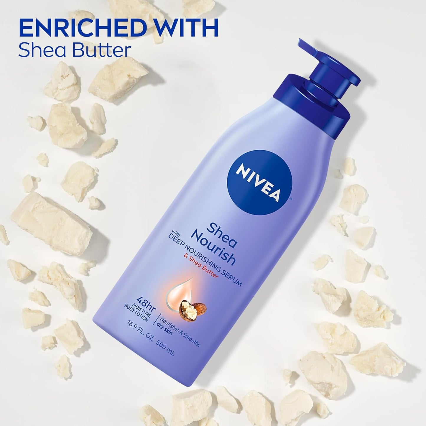 NIVEA Shea Nourish Body Lotion for Dry Skin with Hyaluronic Acid, Shea Butter and Deep Nourishing Serum, 48-Hour Body Moisturizer, 16.9 Fl Oz Pump Bottle (Pack of 2)