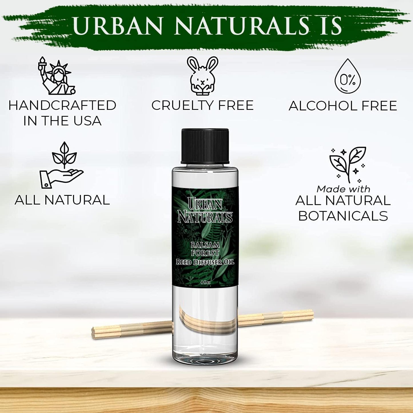 Urban Naturals Balsam Forest Oil Reed Diffuser Refill + Free Set of Reed Sticks - Fragrance Notes of Pine Fir Needles, Evergreen, Woodsy Cedar and Sandalwood – Vegan, 4 oz Made in The USA