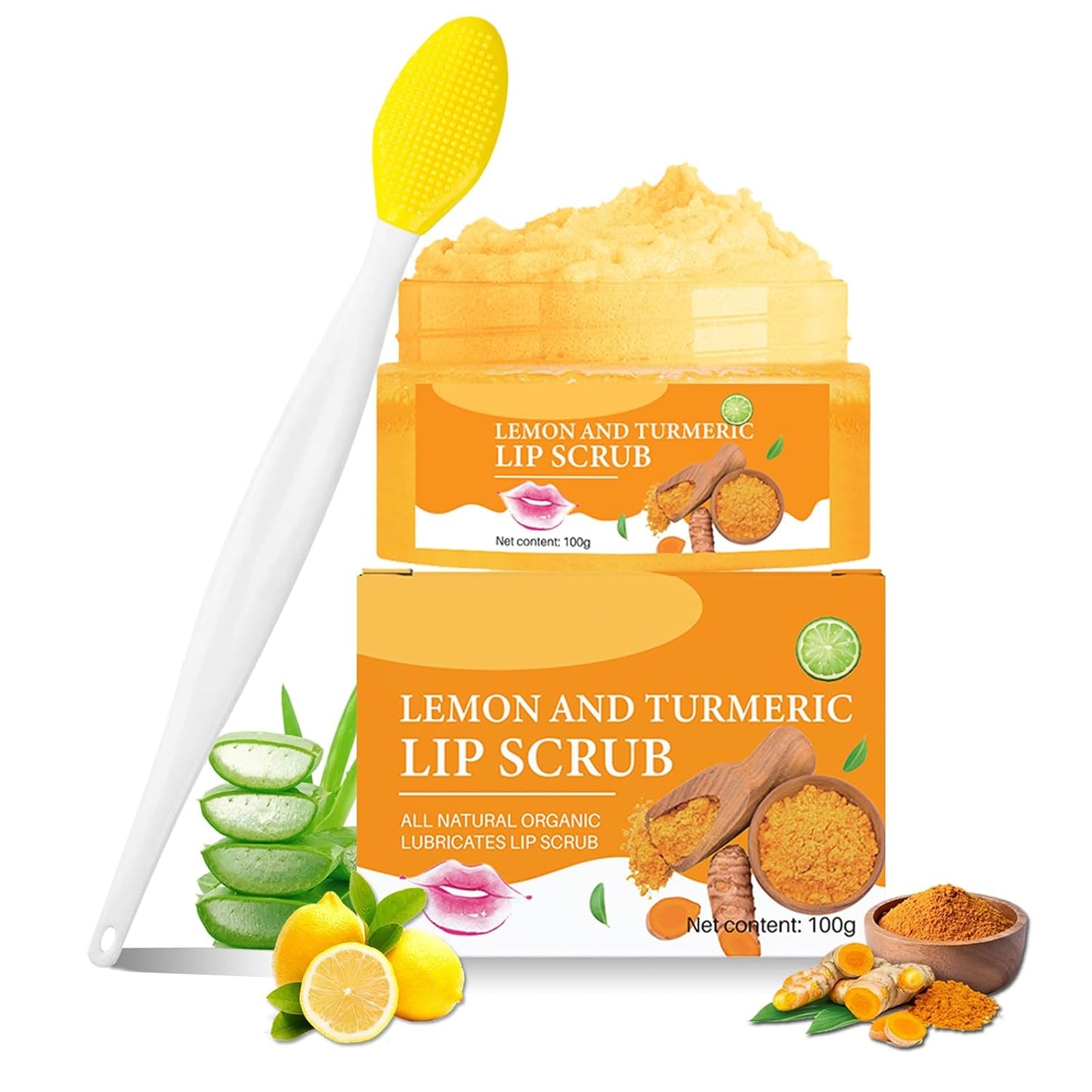 Turmeric Lemon Lip Scrub with Brush, Lip Scrubber Exfoliator for Dark Lips, Dry, Chapped Lips, Reduce Fine Lines, Natural Nourish Sugar Lip Scrub with Aloe Vera, Deep Hydration Moisturization 100g