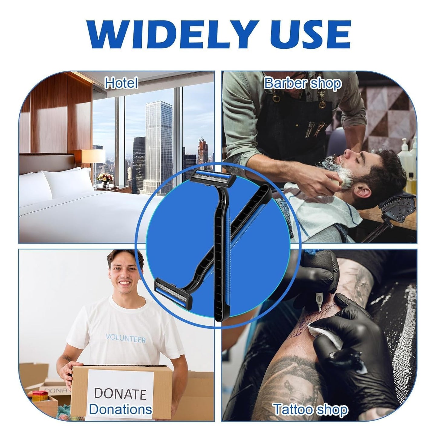 120 Pack Disposable Twin Blade Razors Individually Wrapped, Clear Safety Cap， Multipurpose Portable Shave Razor for Man Woman Bathing Hotel Travel (Blue)