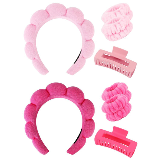 Wecoe Pink Rose Red Spa Headband And Wristband Set Skincare Headband For Washing Face Hair Claw Clips For Thick Hair Cute Puffy Sponge Bubble Makeup Head Band Wrist Towels Scrunchies For Women Girls