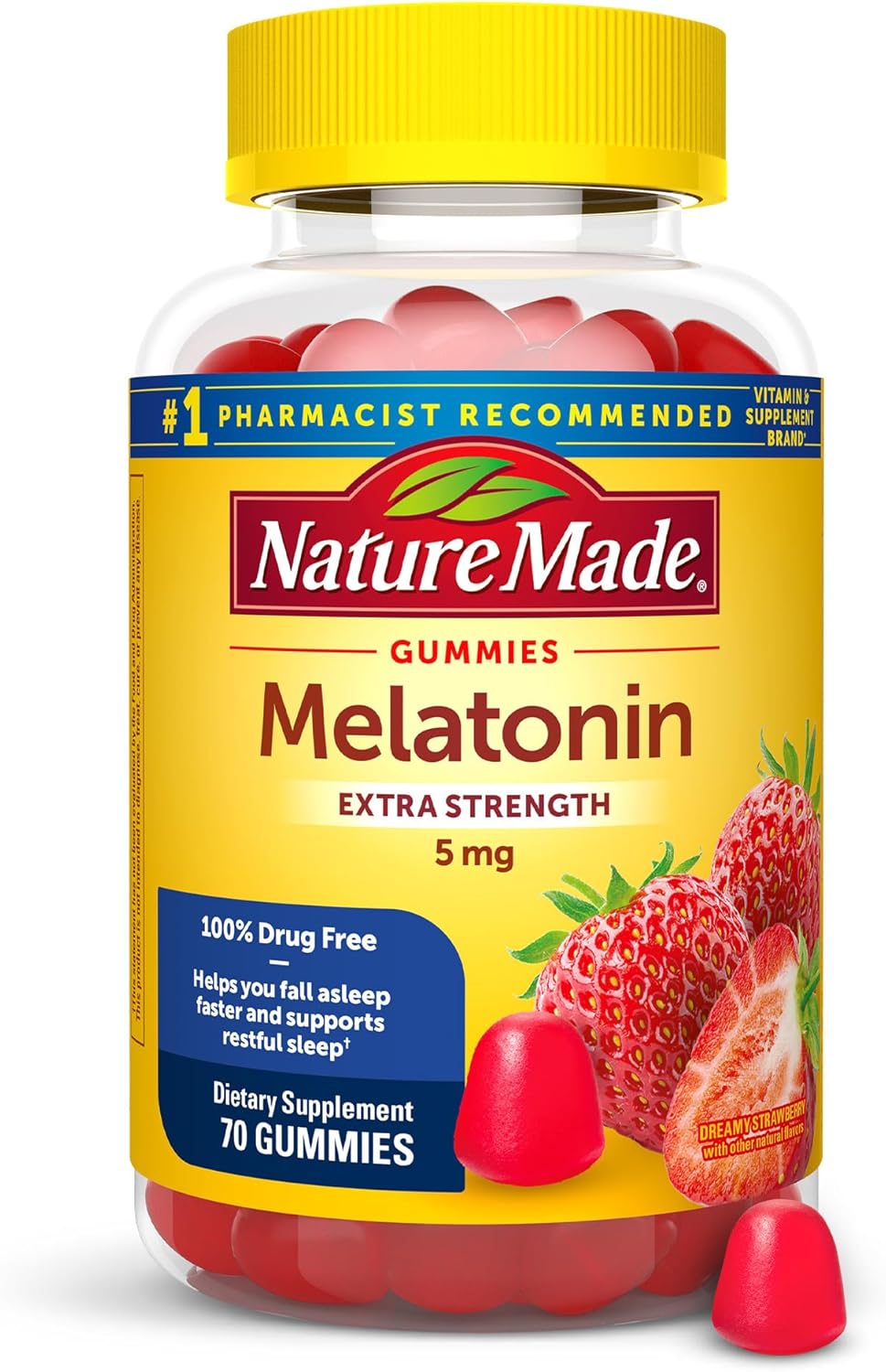 Nature Made Melatonin 5mg Adult Melatonin Gummies, 100% Drug Free Sleep Aid, 70 Gummies, Extra Strength