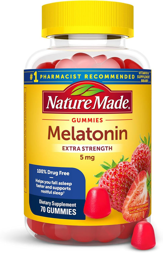 Nature Made Melatonin 5mg Adult Melatonin Gummies, 100% Drug Free Sleep Aid, 70 Gummies, Extra Strength