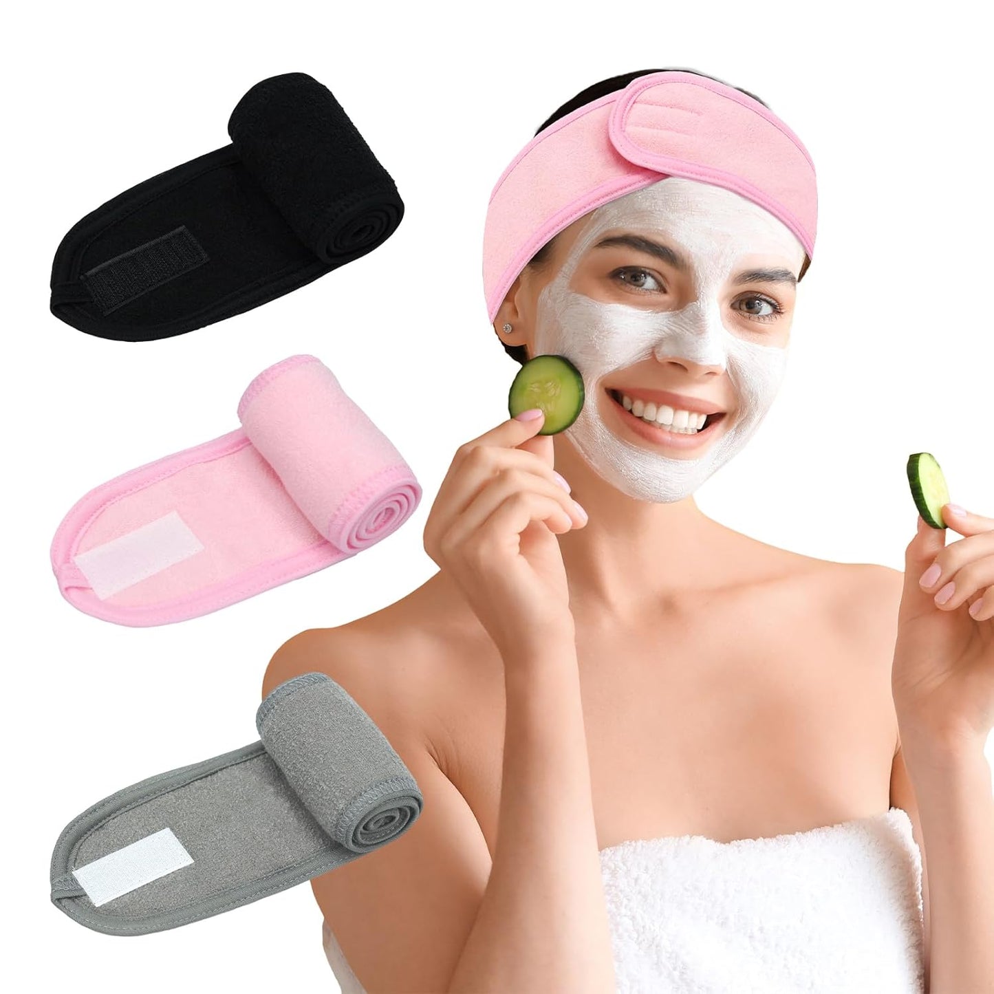 3 Pack Facial Spa Headband for Women - Adjustable, Non-Slip Terry Cloth Headband for Washing Face, Makeup, and Shower - Soft and Stretchable Hair Wrap