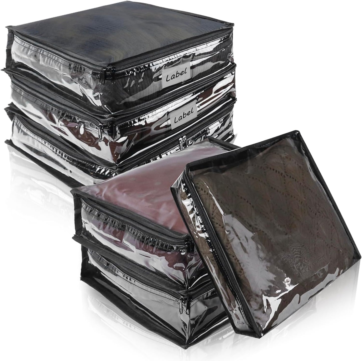 Clear Zippered Storage Bags Plastic Sweater Storage Bags with Zipper 6 Packs Clothing Organizer for Blankets Linen Sweater Bed Sheet Quilt Clothes Pillow (12 x 12 x 4 Inch, Black)