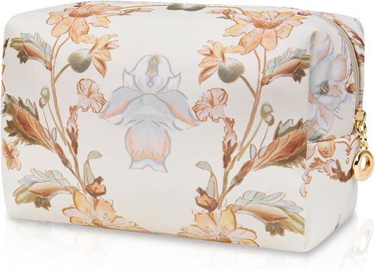 Floral Waterproof Makeup Bag, Leather Cosmetic Bag with Compartments, Zipper Make up Pouch Organizer, Portable Storage Travel Toiletry Bag Gifts for Women Girls(Apricot Flower)