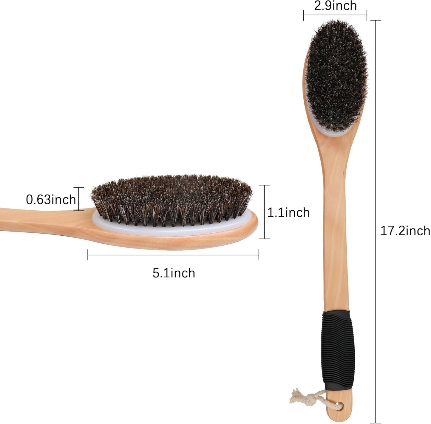 OWIIZI Horsehair Bath Brush Wooden Curved Long Handle Antiskid Shower Brush for Exfoliating, Natural Mane Scrubber for Back Use Wet or Dry,Back Scrub Deep Cleanse-17.2inches