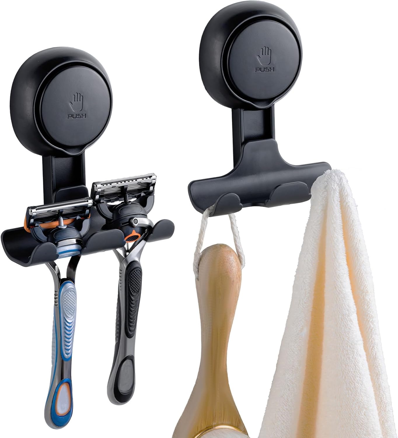 TAILI Suction Cup Razor Holder for Shower 2 Pack, Towel, Loofah, Shaver Holder for Shower Wall, Powerful Suction Cup Hooks for Inside Bathroom, Easy to Install and Reuse, Black