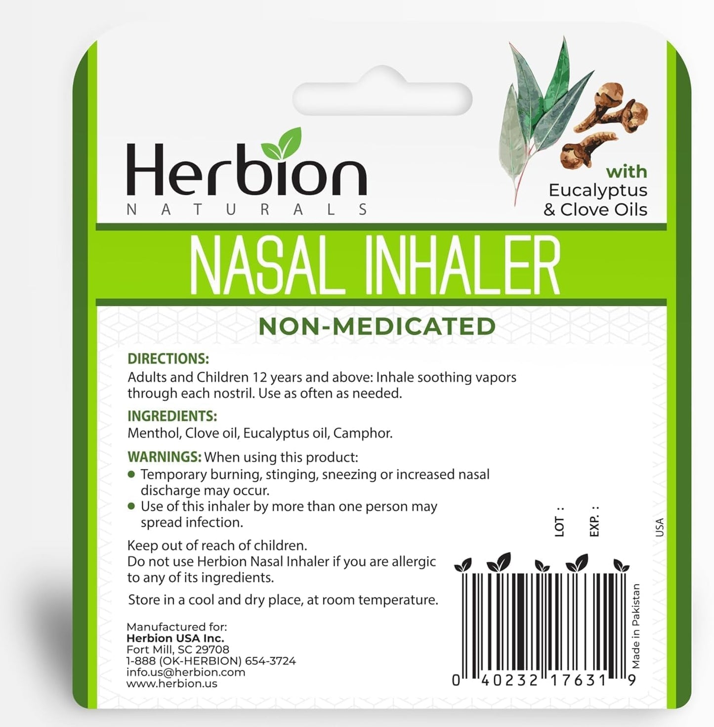 HERBION Naturals Nasal Inhaler, Natural Relief for Nasal Congestion & Sinus Pressure, Non-Medicated Sticks with Essential Oils, Menthol, Eucalyptus, Clove, Soothing Vapor, Easy Breathing, Pack of 2