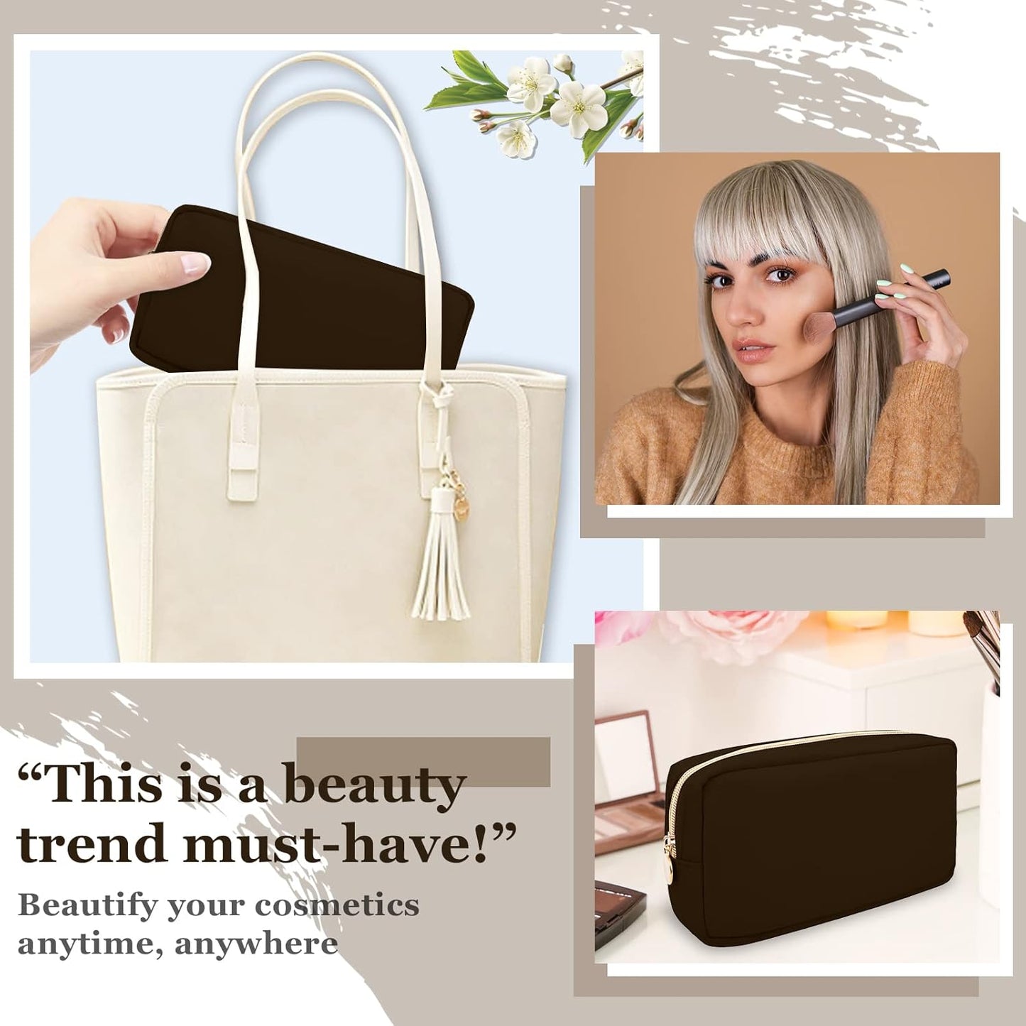 Nylon Small Makeup Bag for Purse, Cute Preppy Makeup Bag Cosmetic Zipper Pouch Purse, Waterproof Portable Travel Toiletry Bag Clutch Make Up Brush Bag Organizer Storage for Women Men Girls(Brown)