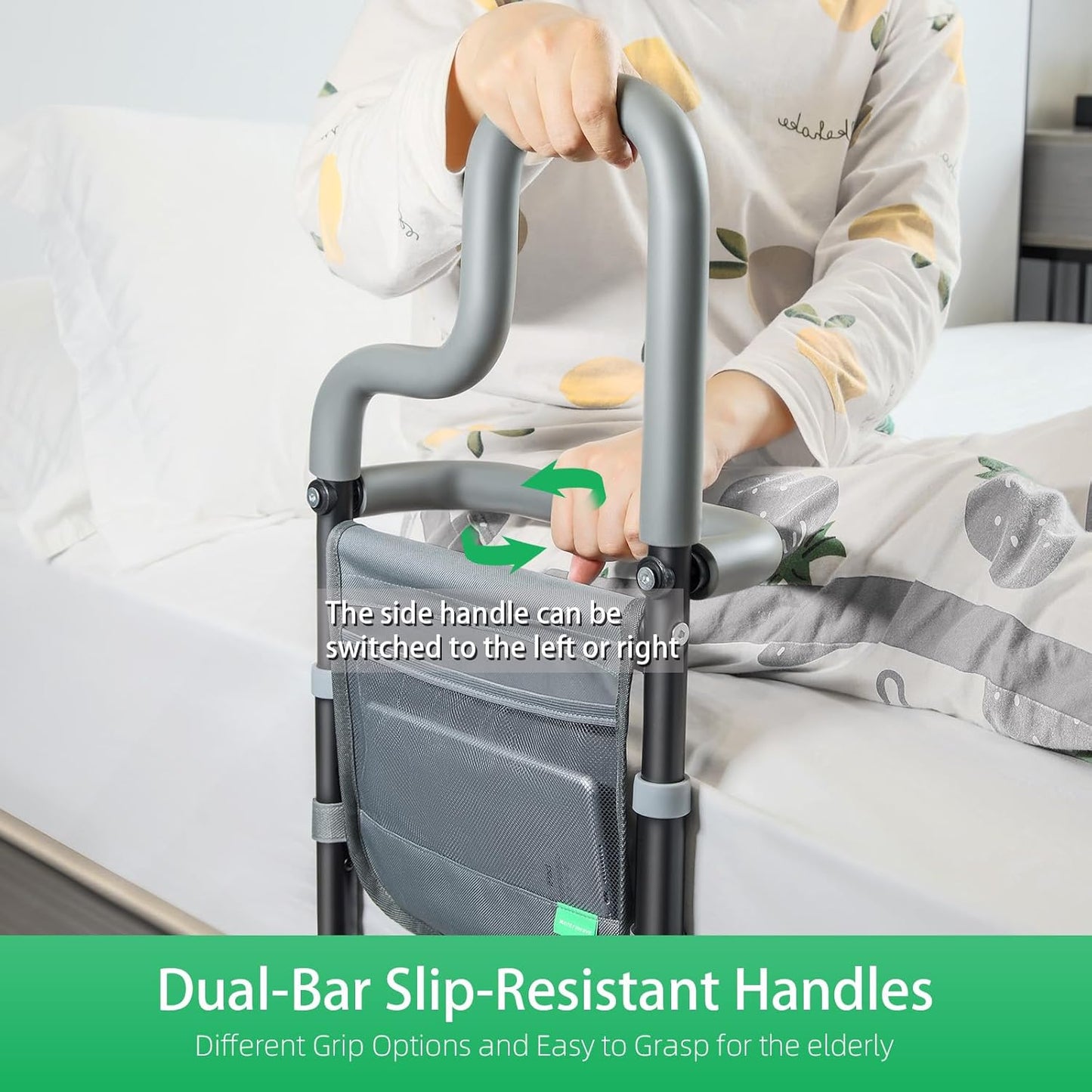 Dual Bar Bed Rail for Elderly Adults Safety with Storage Pocket, Bed Assist Rail for Seniors for Easily Getting in & Out of Bed, Bed Rails Fits King, Queen, Full, Twin Bed - Grey