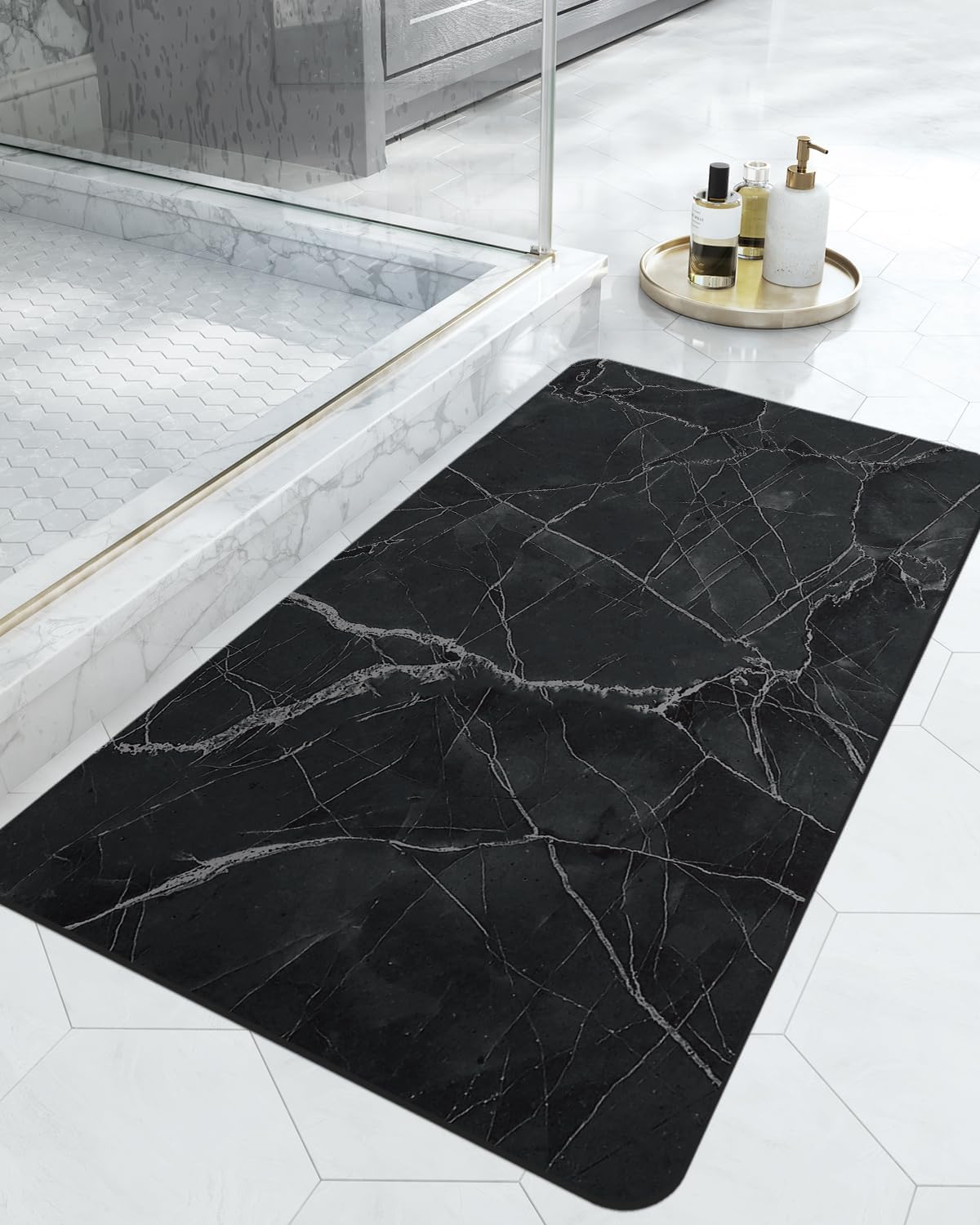 DEXI Bath Mat 17x32, Non Slip Quick Dry Rugs, Super Absorbent Ultra Thin Marble Bathmat, Washable Rubber Mats for Shower Floor, in Front of Bathtub, Sink, Bathroom Accessories Decor, Black