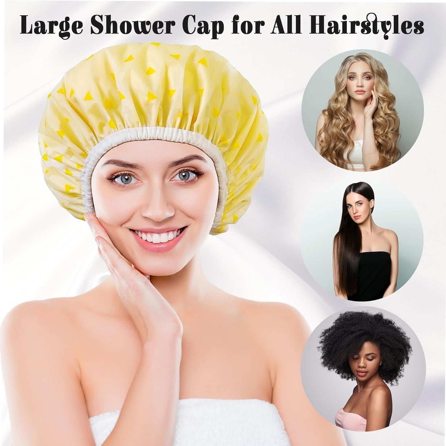 Shower Cap for Women, Shower Caps Reusable Waterproof, Large Plastic Satin Lined Shower Cap for Braids Long Hair
